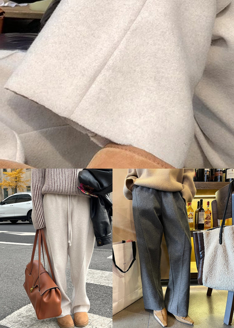 Simple Apricot Pockets Elastic Waist Woolen Pants Winter Rf018