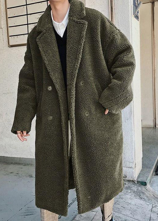 Simple Army Green Button Pockets Teddy Faux Fur Coat Winter Ro049