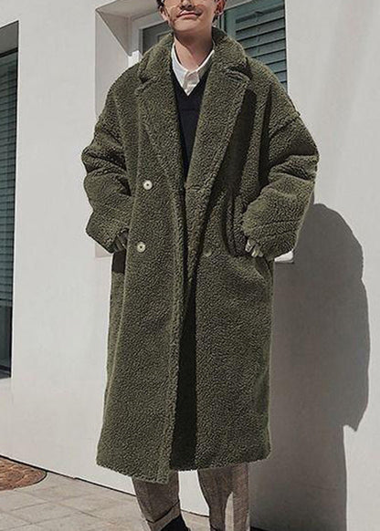 Simple Army Green Button Pockets Teddy Faux Fur Coat Winter Ro049