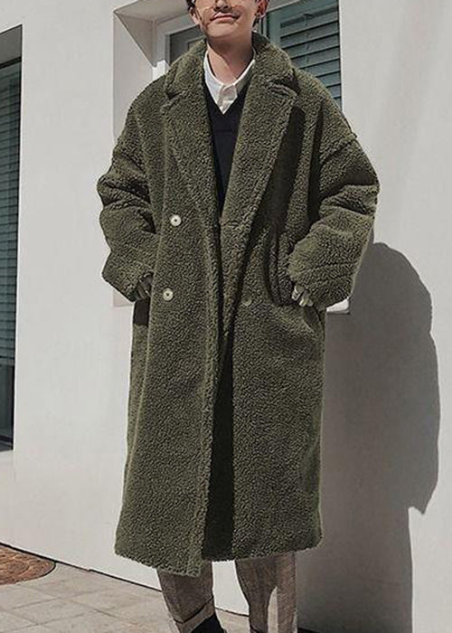 Simple Army Green Button Pockets Teddy Faux Fur Coat Winter Ro049