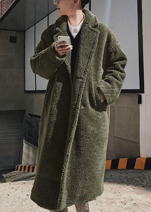Simple Army Green Button Pockets Teddy Faux Fur Coat Winter Ro049