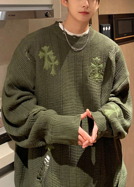 Simple Army Green Embroideried Hollow Out Knit Sweaters Winter Qf038