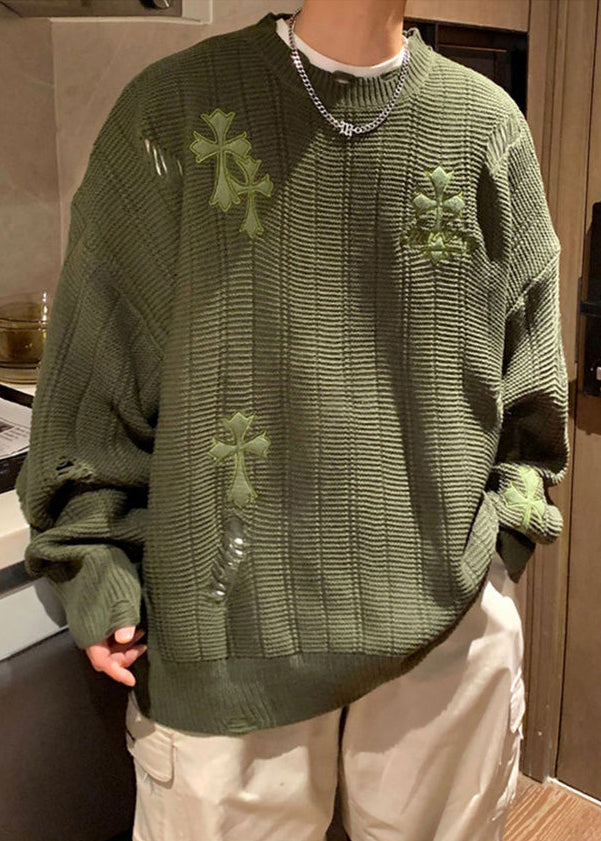 Simple Army Green Embroideried Hollow Out Knit Sweaters Winter Qf038
