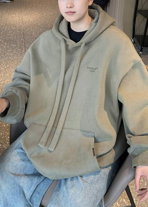 Simple Beige Hooded Pockets Warm Fleece Sweatshirt Winter Rp062