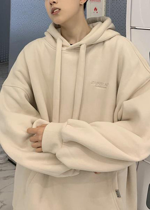 Simple Beige Hooded Pockets Warm Fleece Sweatshirt Winter Rp062