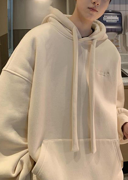 Simple Beige Hooded Pockets Warm Fleece Sweatshirt Winter Rp062