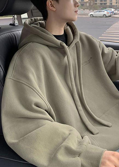Simple Beige Hooded Pockets Warm Fleece Sweatshirt Winter Rp062