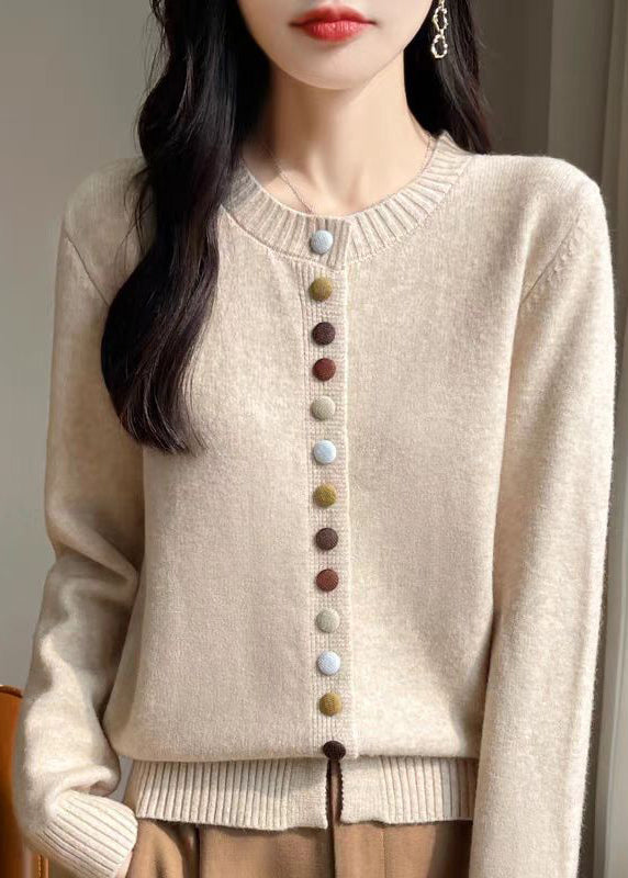 Simple Beige O Neck Button Woolen Coats Spring Tf029