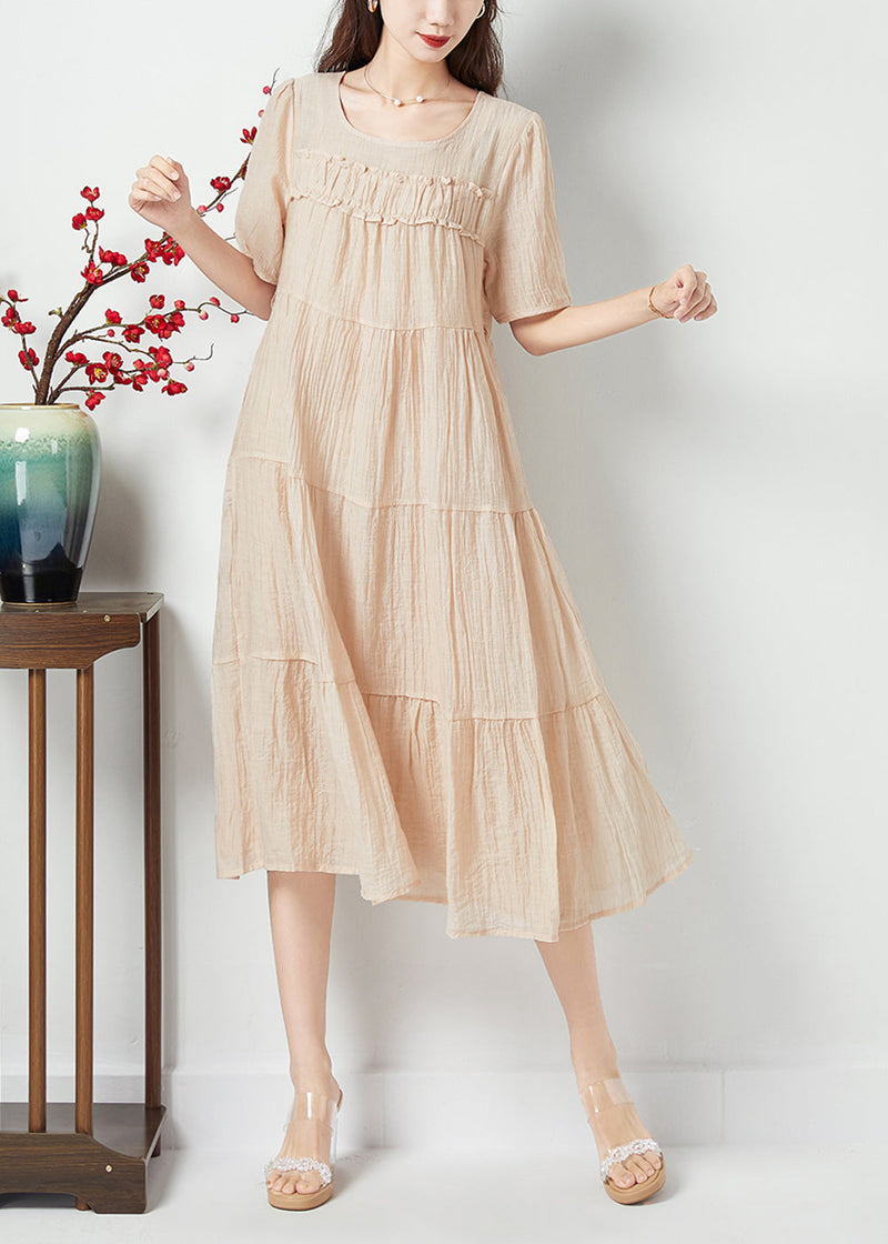 Simple Beige O-neck Patchwork Wrinkled Linen Silk Long Dress Summer Lc0425