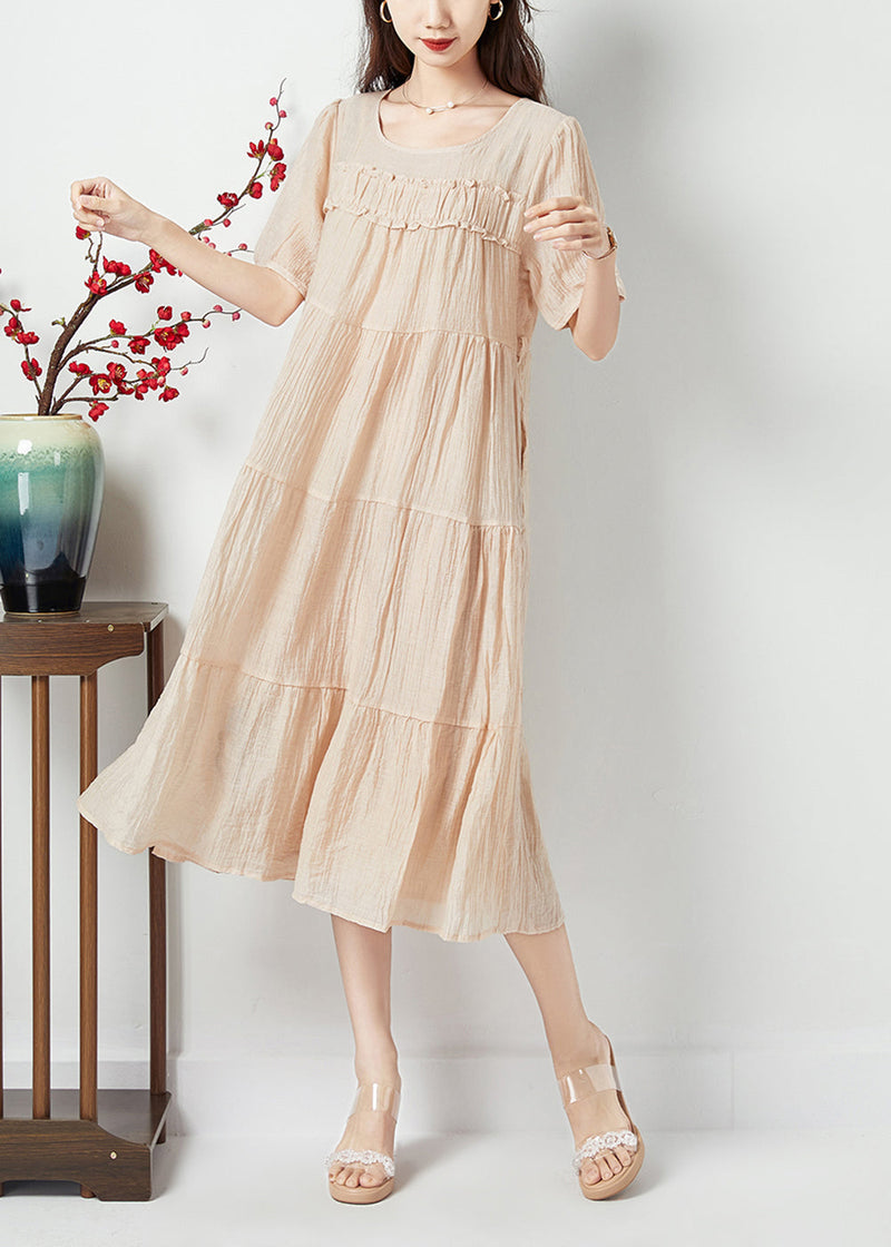 Simple Beige O-neck Patchwork Wrinkled Linen Silk Long Dress Summer Lc0425