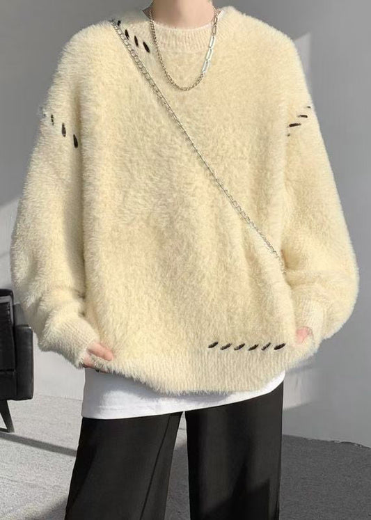 Simple Beige O Neck Mink Hair Knitted Sweater Winter Rc040