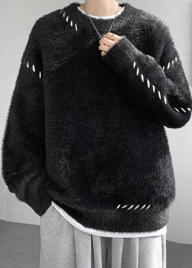 Simple Beige O Neck Mink Hair Knitted Sweater Winter Rc040