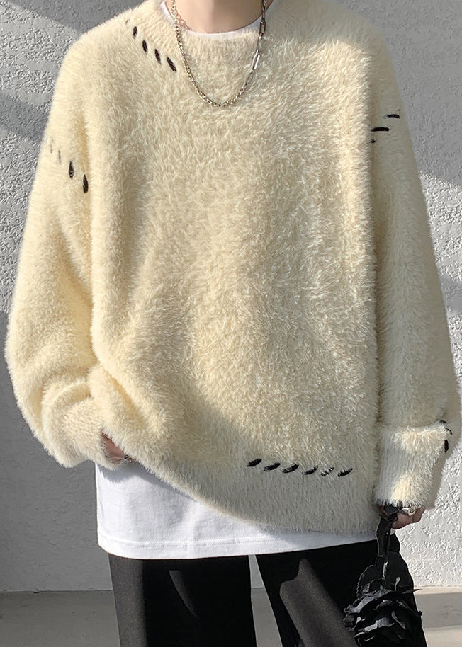 Simple Beige O Neck Mink Hair Knitted Sweater Winter Rc040