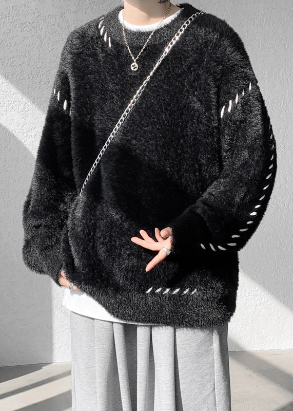 Simple Beige O Neck Mink Hair Knitted Sweater Winter Rc040