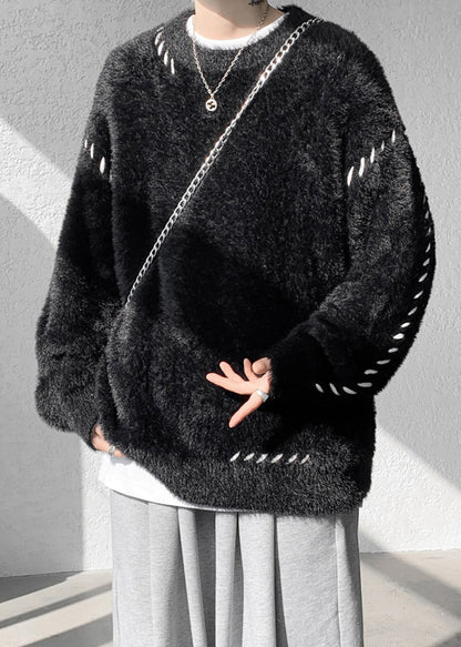 Simple Beige O Neck Mink Hair Knitted Sweater Winter Rc040