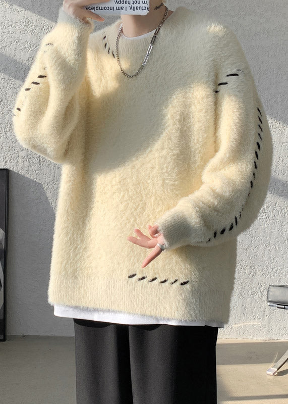 Simple Beige O Neck Mink Hair Knitted Sweater Winter Rc040