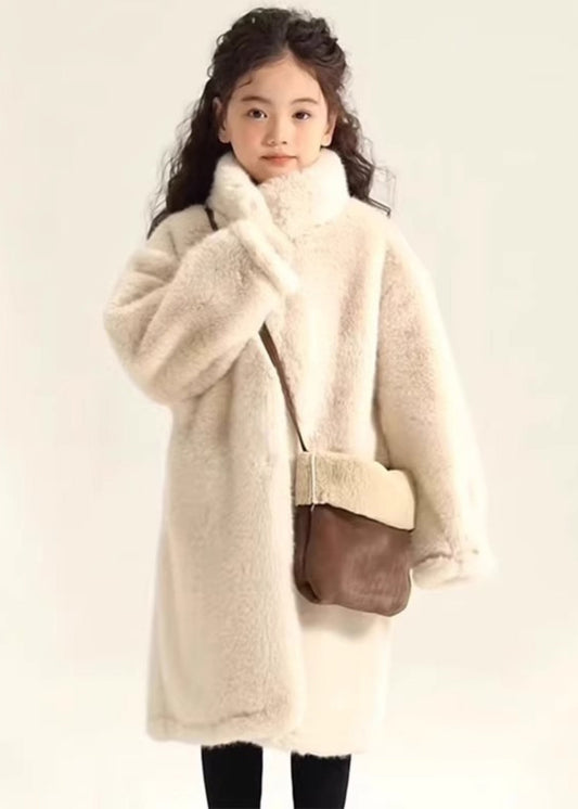 Simple Beige Stand Collar Mink Velvet Maxi Coat Winter Wl026