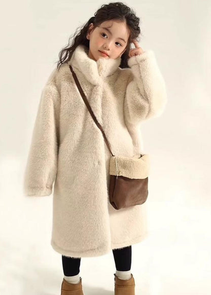 Simple Beige Stand Collar Mink Velvet Maxi Coat Winter Wl026