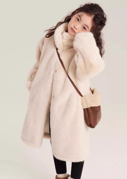 Simple Beige Stand Collar Mink Velvet Maxi Coat Winter Wl026