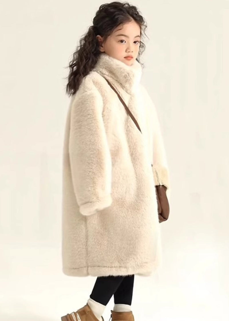 Simple Beige Stand Collar Mink Velvet Maxi Coat Winter Wl026
