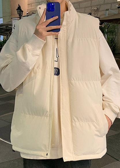 Simple Beige Stand Collar Pockets Cotton Filled Waistcoat Winter Eq028