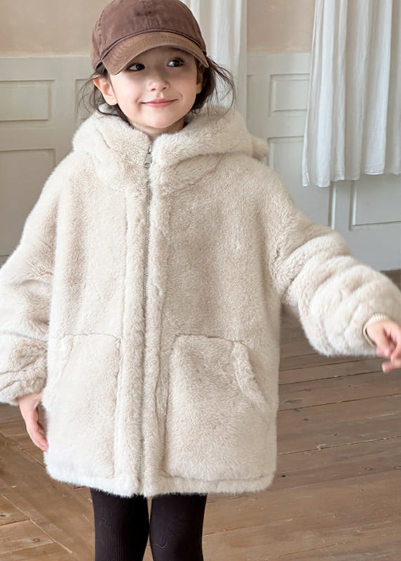 Simple Beige Zippered Pockets Mink Velvet Hoodie Coat Winter Tg014