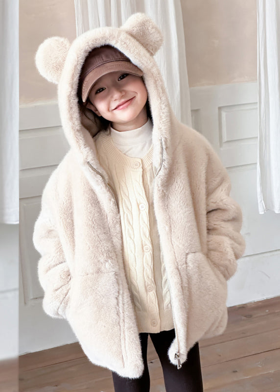 Simple Beige Zippered Pockets Mink Velvet Hoodie Coat Winter Tg014
