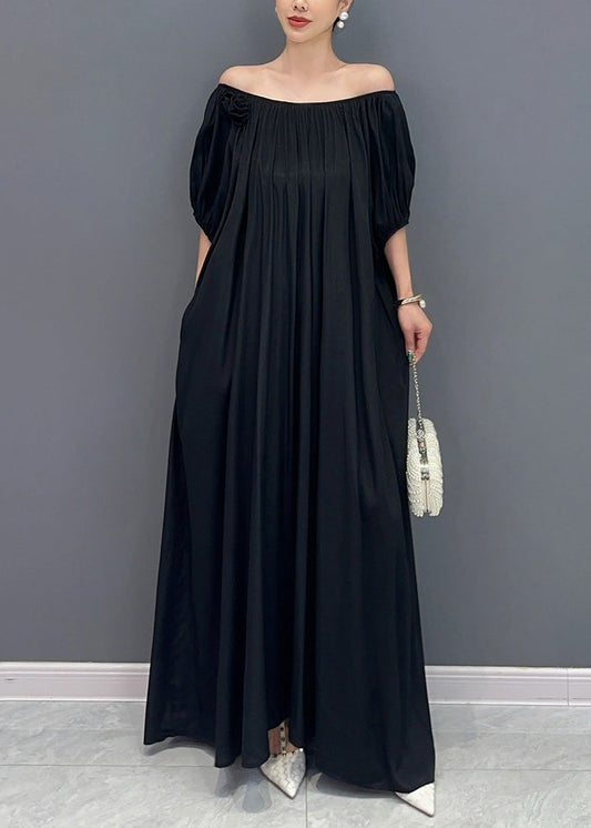 Simple Black Cold Shoulder Slash Neck Cotton Long Dress Summer Ay1014