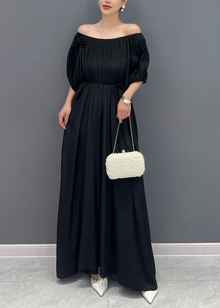Simple Black Cold Shoulder Slash Neck Cotton Long Dress Summer Ay1014