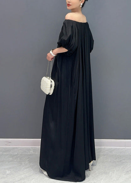 Simple Black Cold Shoulder Slash Neck Cotton Long Dress Summer Ay1014