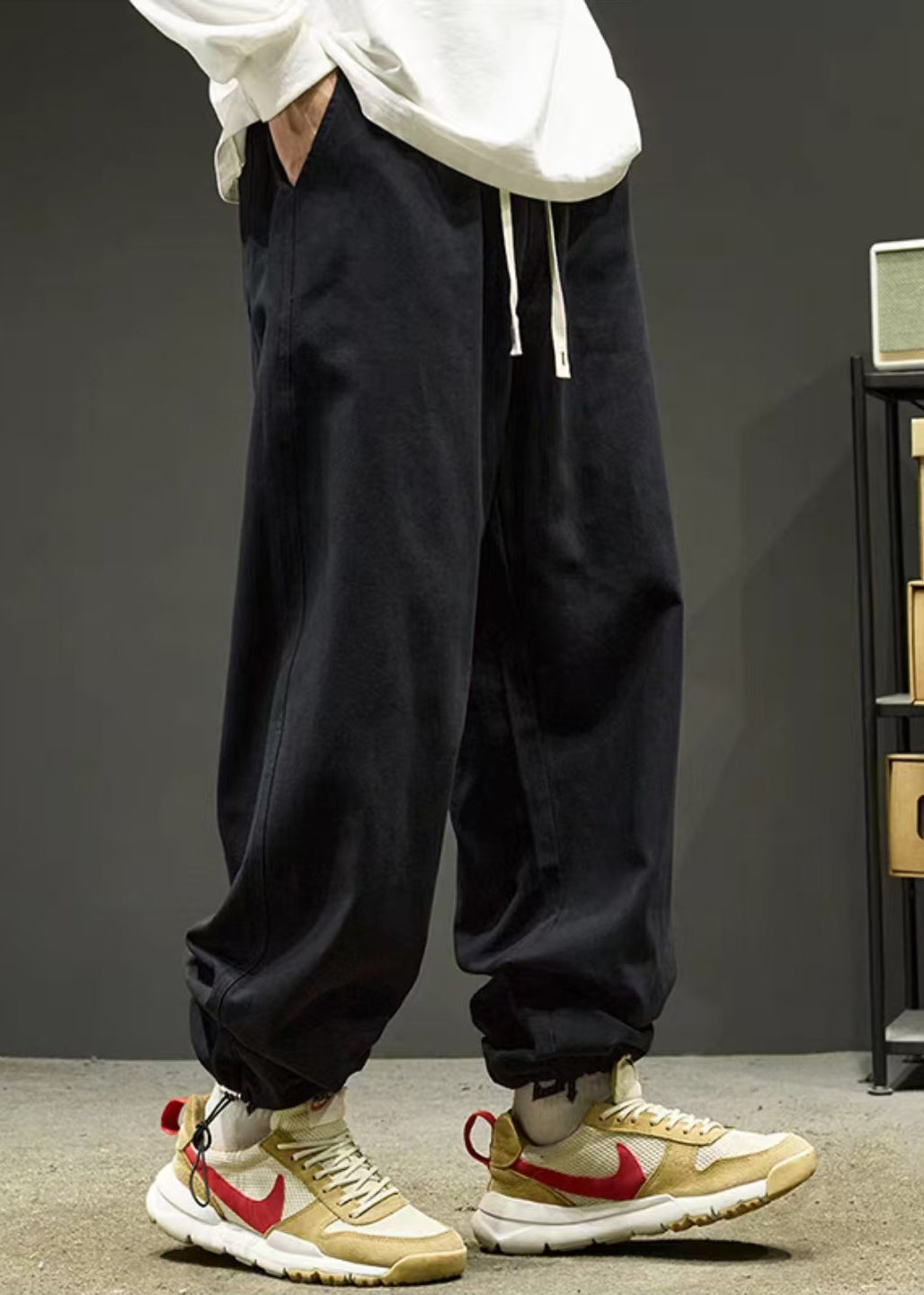 Simple Black Drawstring Warm Fleece Beam Pants Spring Rm059