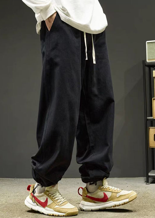 Simple Black Drawstring Warm Fleece Beam Pants Spring Rm059