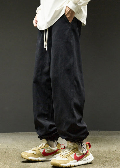 Simple Black Drawstring Warm Fleece Beam Pants Spring Rm059