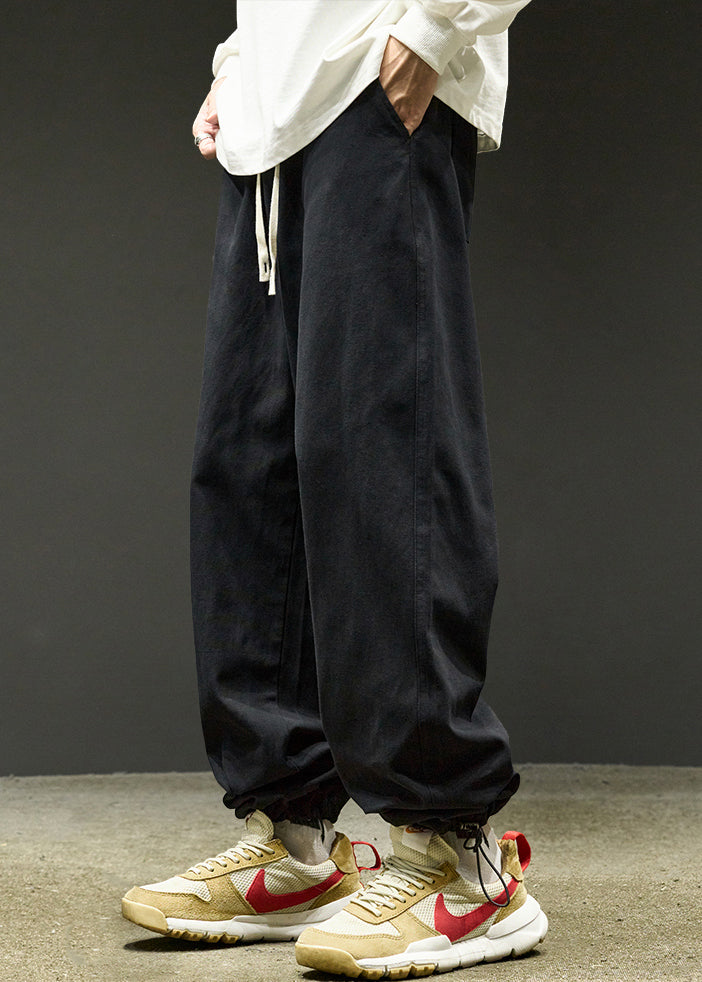 Simple Black Drawstring Warm Fleece Beam Pants Spring Rm059