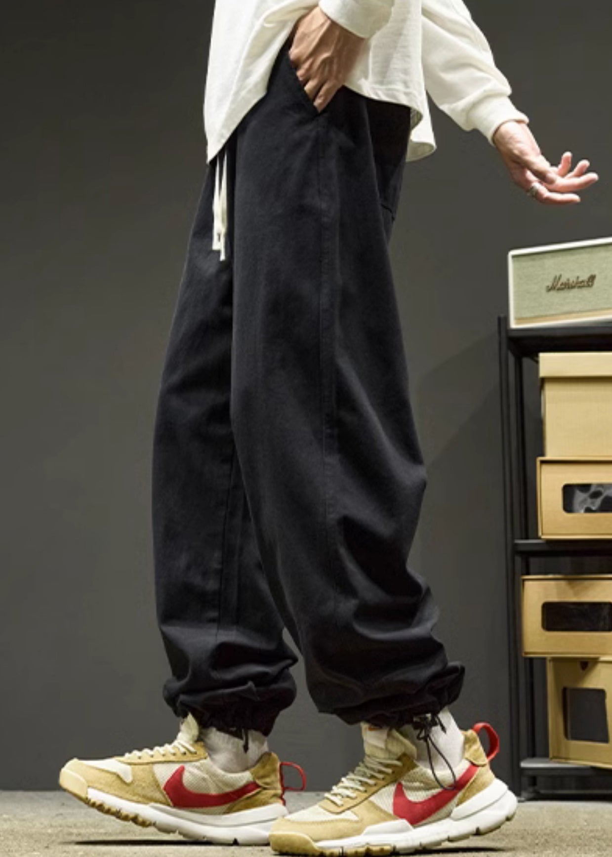 Simple Black Drawstring Warm Fleece Beam Pants Spring Rm059