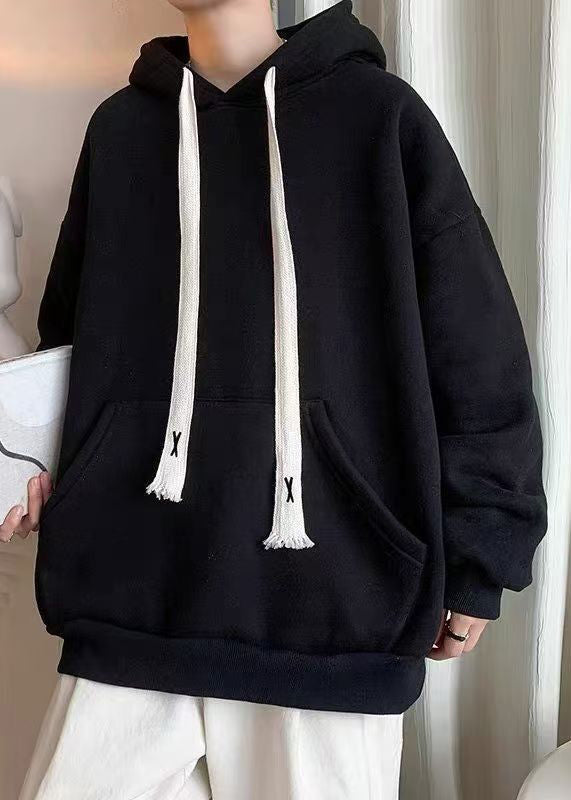 Simple Black Hooded Lace Up Pockets Cotton Sweatshirt Spring Yq030