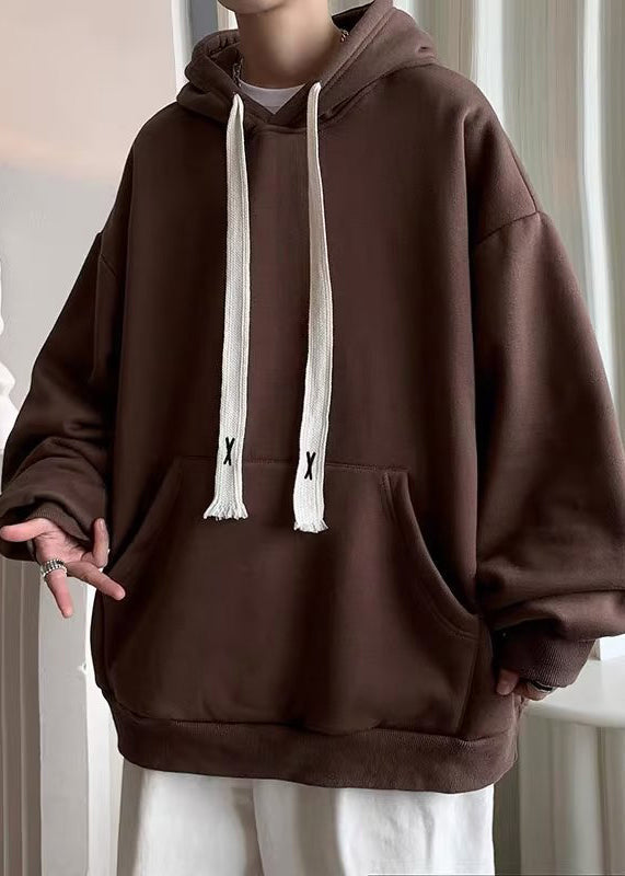 Simple Black Hooded Lace Up Pockets Cotton Sweatshirt Spring Yq030