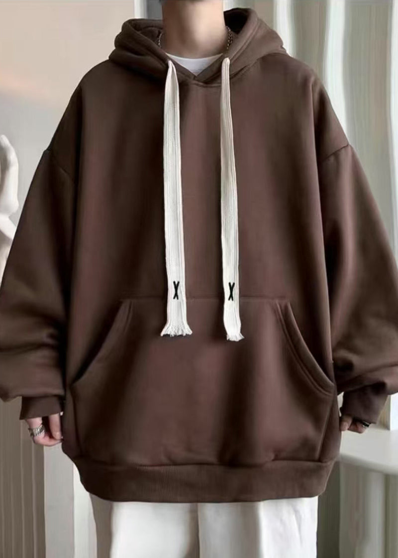 Simple Black Hooded Lace Up Pockets Cotton Sweatshirt Spring Yq030