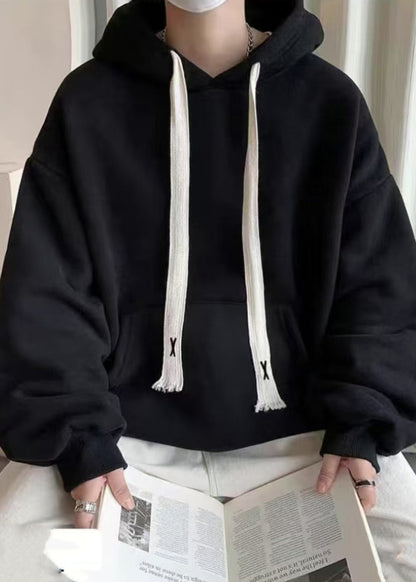 Simple Black Hooded Lace Up Pockets Cotton Sweatshirt Spring Yq030