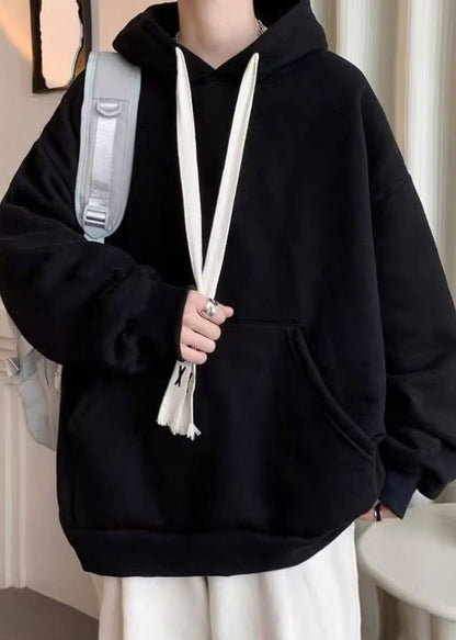 Simple Black Hooded Lace Up Pockets Cotton Sweatshirt Spring Yq030