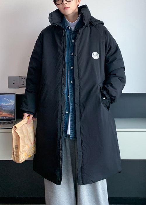 Simple Black Hooded Pockets Coats Parkas Winterrm018