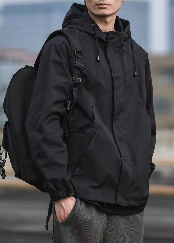 Cotton Simple Hooded Black Pockets Coat Spring