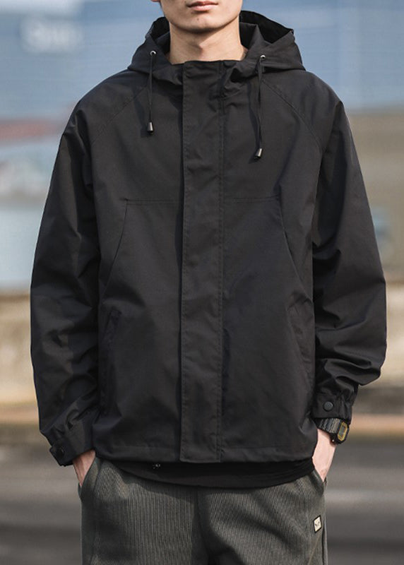 Cotton Simple Hooded Black Pockets Coat Spring