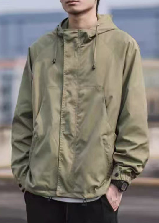 Cotton Simple Hooded Black Pockets Coat Spring