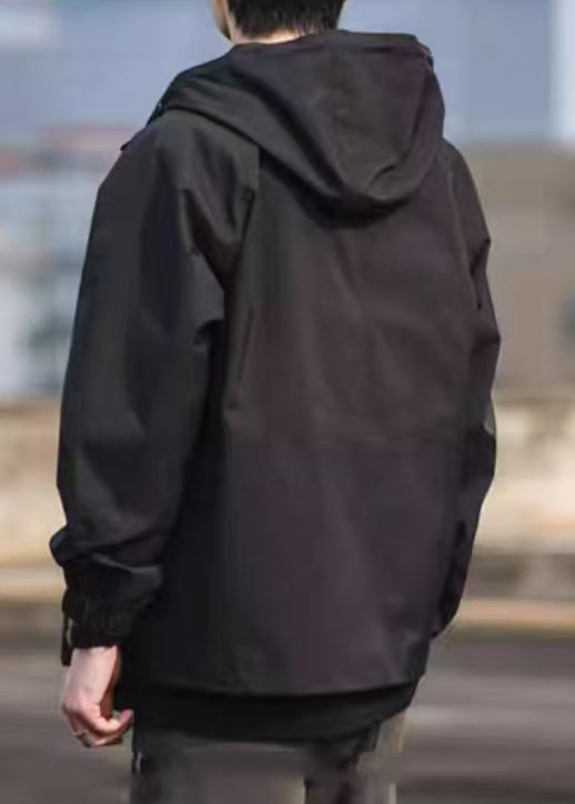 Cotton Simple Hooded Black Pockets Coat Spring