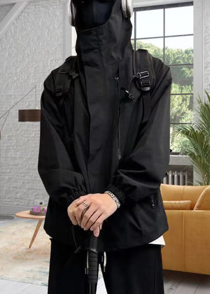 Cotton Black Oversized Zippered Simple Hooded Coat Spring