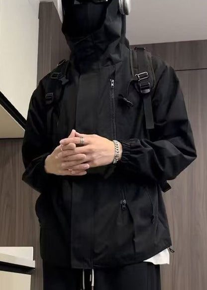 Cotton Black Oversized Zippered Simple Hooded Coat Spring