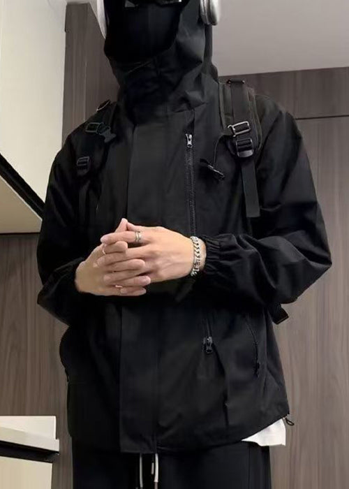 Cotton Black Oversized Zippered Simple Hooded Coat Spring