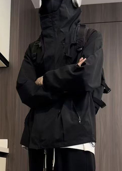Cotton Black Oversized Zippered Simple Hooded Coat Spring