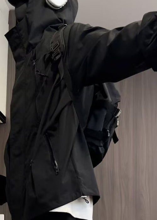 Cotton Black Oversized Zippered Simple Hooded Coat Spring